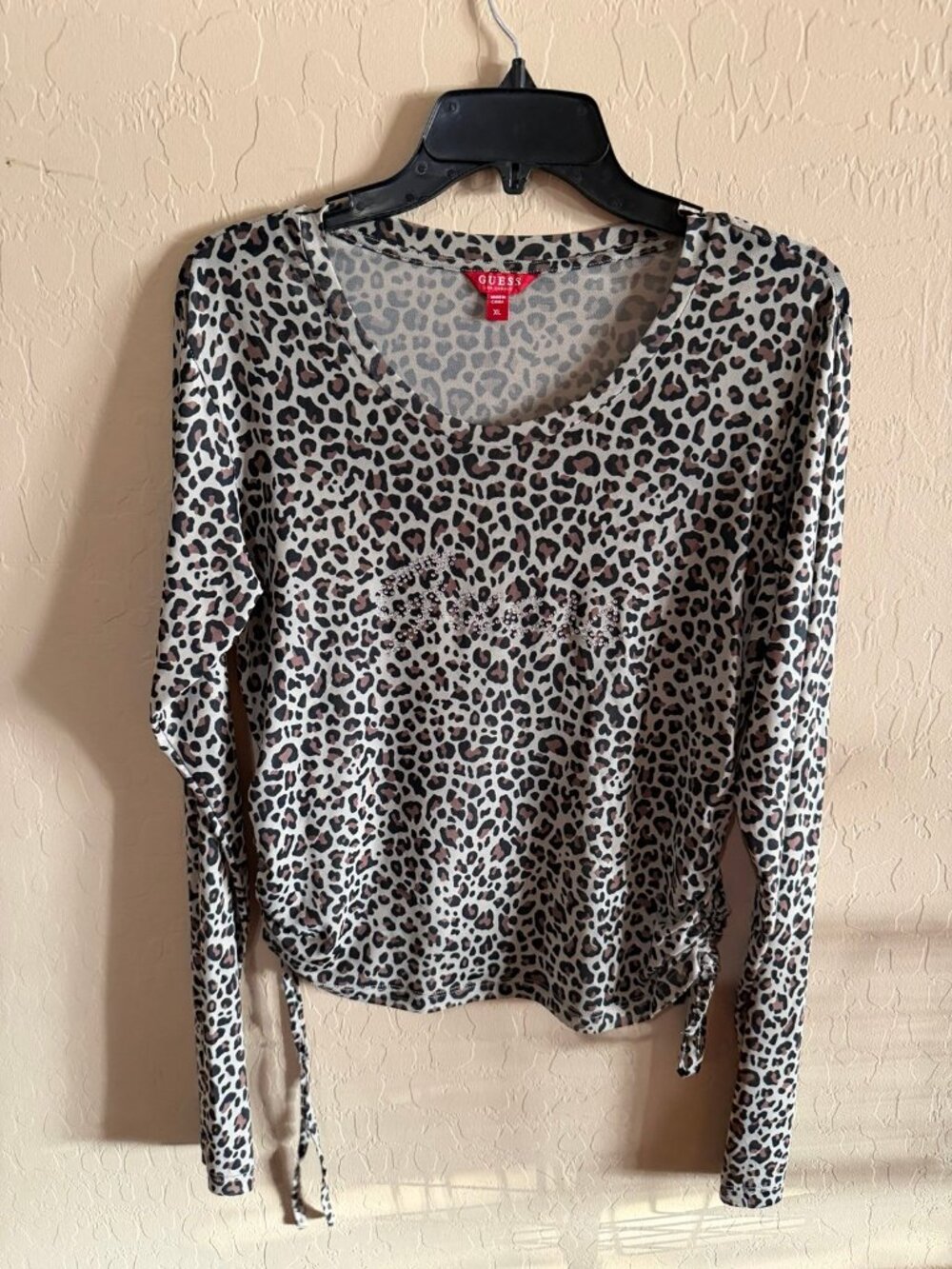 Guess Leopard Print Long Sleeve Ruched Knit Top